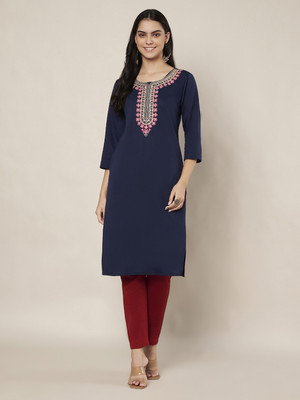 Trend Level Women Embroidered Straight Kurta(Dark Blue)