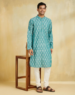 Fabindia Men Printed Straight Kurta(Green)