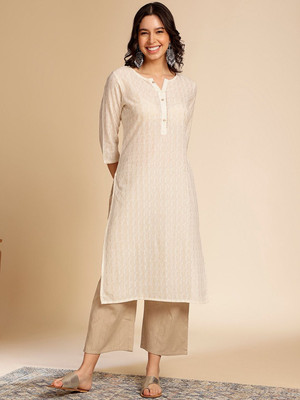 ANOUK Women Woven Design Straight Kurta(Beige)