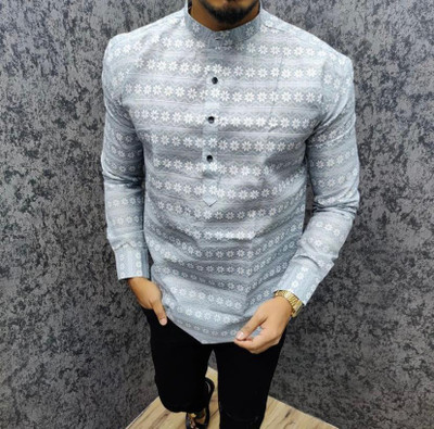 ISUELFAB Men Printed Flared Kurta(Grey, White)