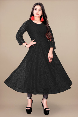 URUFASHIONMART Women Self Design A-line Kurta(Black)