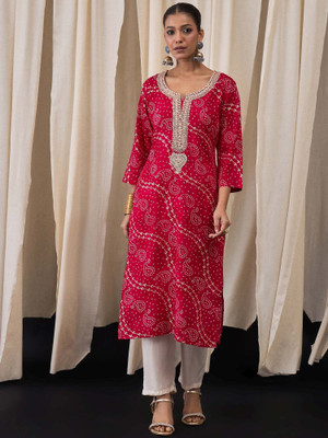 ANOUK Women Embroidered Straight Kurta(Red)