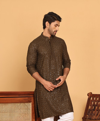 Jompers Men Embroidered Straight Kurta(Green)