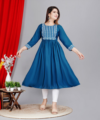 Aliya Women Embroidered Anarkali Kurta(Blue, White, Pink)
