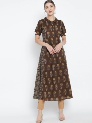 AKIKO Women Floral Print A-line Kurta(Brown)