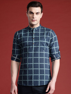 ANOUK Men Checkered Straight Kurta(Blue)
