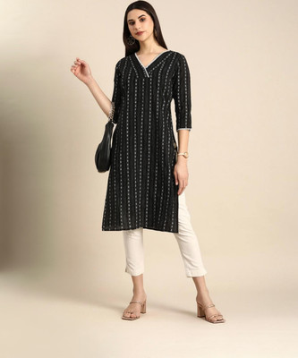 Jixpox Women Striped Straight Kurta(Black)