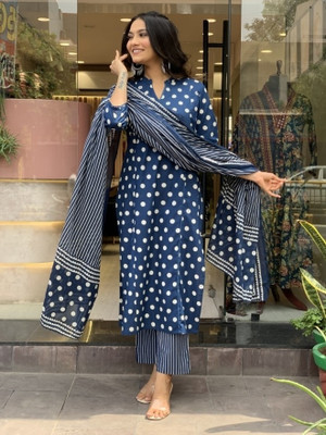 Byaara Women Polka Print, Striped, Printed Straight Kurta(Blue)