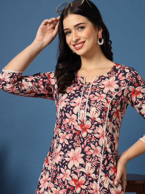 GLAMALUE Women Floral Print Straight Kurta(Blue)