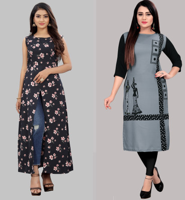 maruti fab Women Printed, Striped Straight Kurta(Black, Pink)