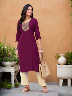 sagarika Women Embroidered, Solid Straight Kurta(Purple)