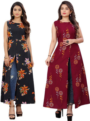 maruti fab Women Printed Frontslit Kurta(Maroon)