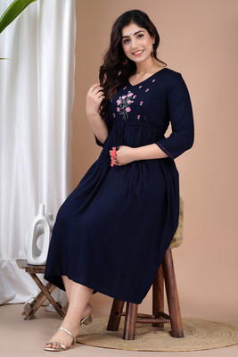Prangan By Kalaai Women Embroidered Flared Kurta(Dark Blue)