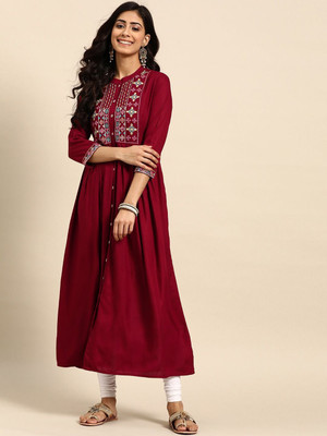 ANOUK Women Embroidered Anarkali Kurta(Maroon)