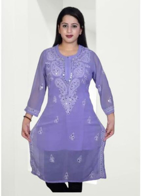 Khan SherajEnp Women Embroidered Straight Kurta(Light Blue)