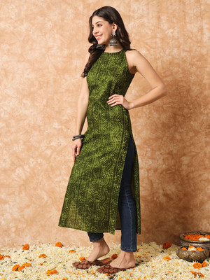MEERANSHI LIVING Women Bandhani Straight Kurta(Green)