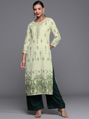 ANOUK Women Geometric Print Straight Kurta(Green)