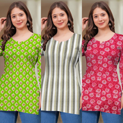 ALISHA CREATIONS Women Printed, Floral Print, Striped, Geometric Print Tunic Kurta(Green, Beige, Pink)