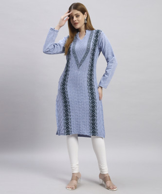 MYLES Women Self Design Straight Kurta(Blue)