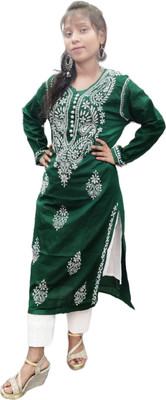 R.H. CHIKANS Women Chikan Embroidery A-line Kurta(Dark Green)