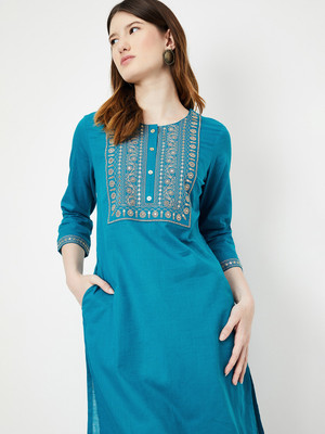 MAX Women Solid Straight Kurta(Blue)