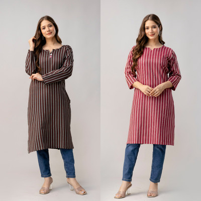 HouseOfCommon Women Striped, Self Design A-line Kurta(Black, Pink)