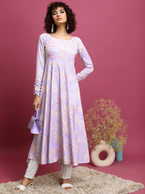 Vishudh Women Printed Straight Kurta(Purple)