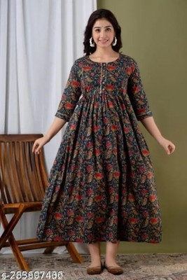 PRANOKH Women Printed Flared Kurta(Blue)