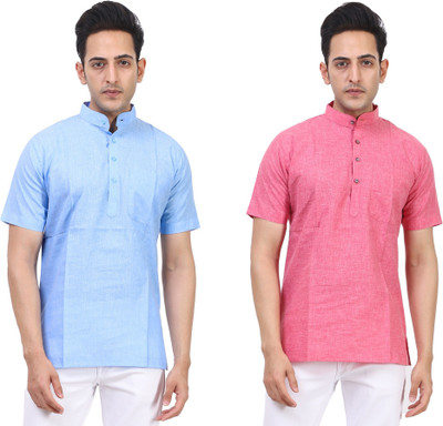 Kavita Fasion Men Solid Straight Kurta(Light Blue, Pink)