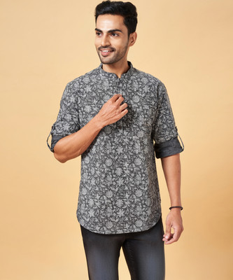 Indus Route by Pantaloons Men Printed Straight Kurta(Grey)