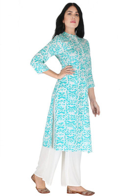 HouseOfCommon Women Floral Print Straight Kurta(Light Blue)