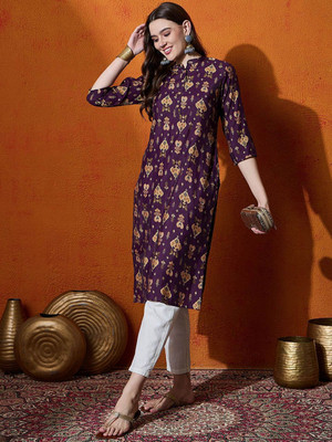 ANOUK Women Embroidered Straight Kurta(Purple)