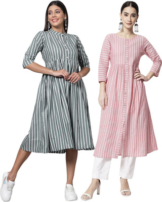 HouseOfCommon Women Striped Ethnic Dress Kurta(Multicolor)