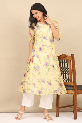 Aurelia Women Floral Print A-line Kurta(Yellow)