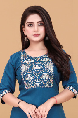 RIDDHI COLLECTION MALL Women Embroidered A-line Kurta(Blue)