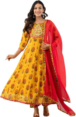 ReshuFashionHub Women Printed Anarkali Kurta(Yellow)