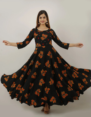Lee Moda Women Printed Flared Kurta(Black)