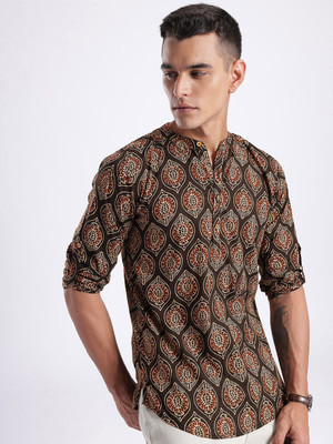 Anouk Rustic Men Printed Straight Kurta(Brown, Black)