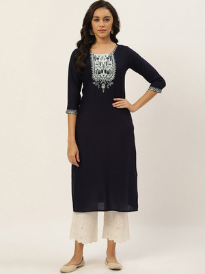 all about you Women Printed Straight Kurta(Blue)