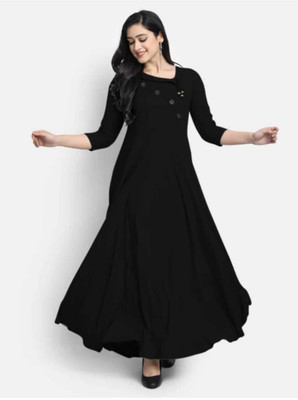 Puebell Women Solid Flared Kurta(Black)