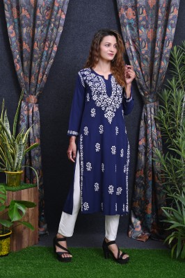 Gulmohar Chikan Art Women Embroidered Straight Kurta(Dark Blue)