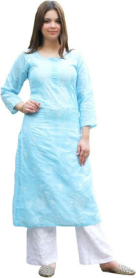 Chikirpolo Women Chikan Embroidery Straight Kurta(Blue)