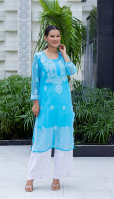 Lucknowi Poshaak Chikankari Women Chikan Embroidery Straight Kurta(Blue)