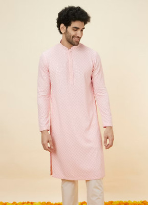 Metro Traders Men Abstract Straight Kurta(Pink)