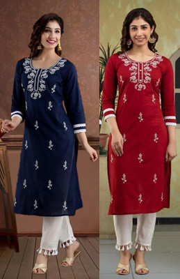 vikshi Women Chikan Embroidery A-line Kurta(Multicolor)