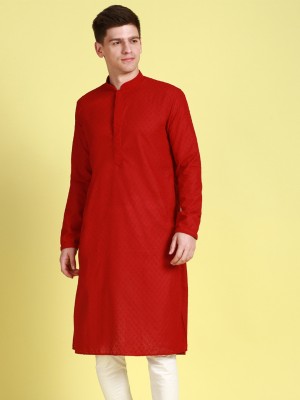 Sanwara Men Chikan Embroidery Straight Kurta(Red)