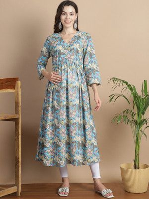 Secret Wish Women Floral Print A-line Kurta(Light Blue)