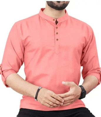 StoneHeart Men Solid Straight Kurta(Pink)
