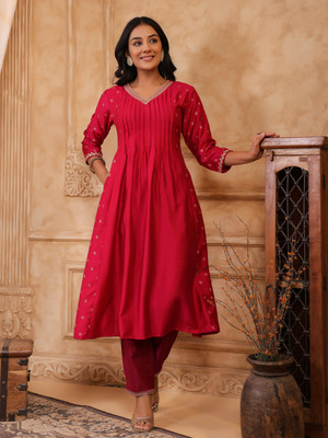 Span Women Self Design, Embellished A-line Kurta(Pink)