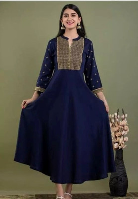 Asbp Garments I Women Embroidered Anarkali Kurta(Dark Blue, Gold)